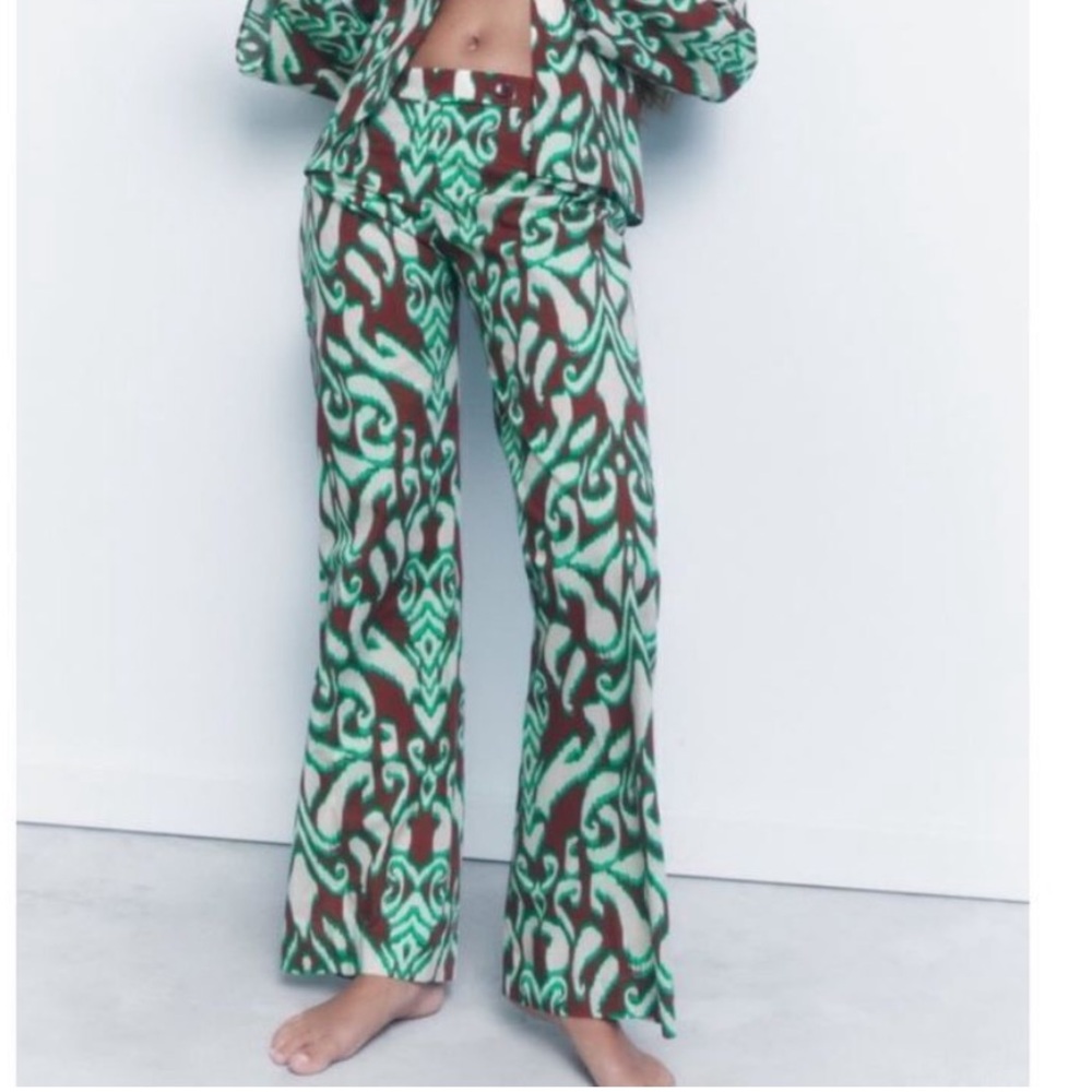 Zara Pants Flat Front Straight Leg Cotton Ikat Print Lightweight Women’s Size XS